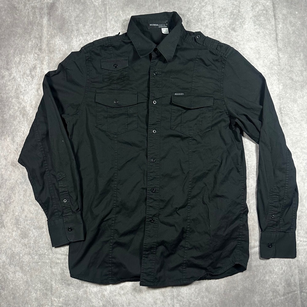 Rocawear Men M Black Military Button Down Shirt Epaulets Y2K Streetwear Techwear